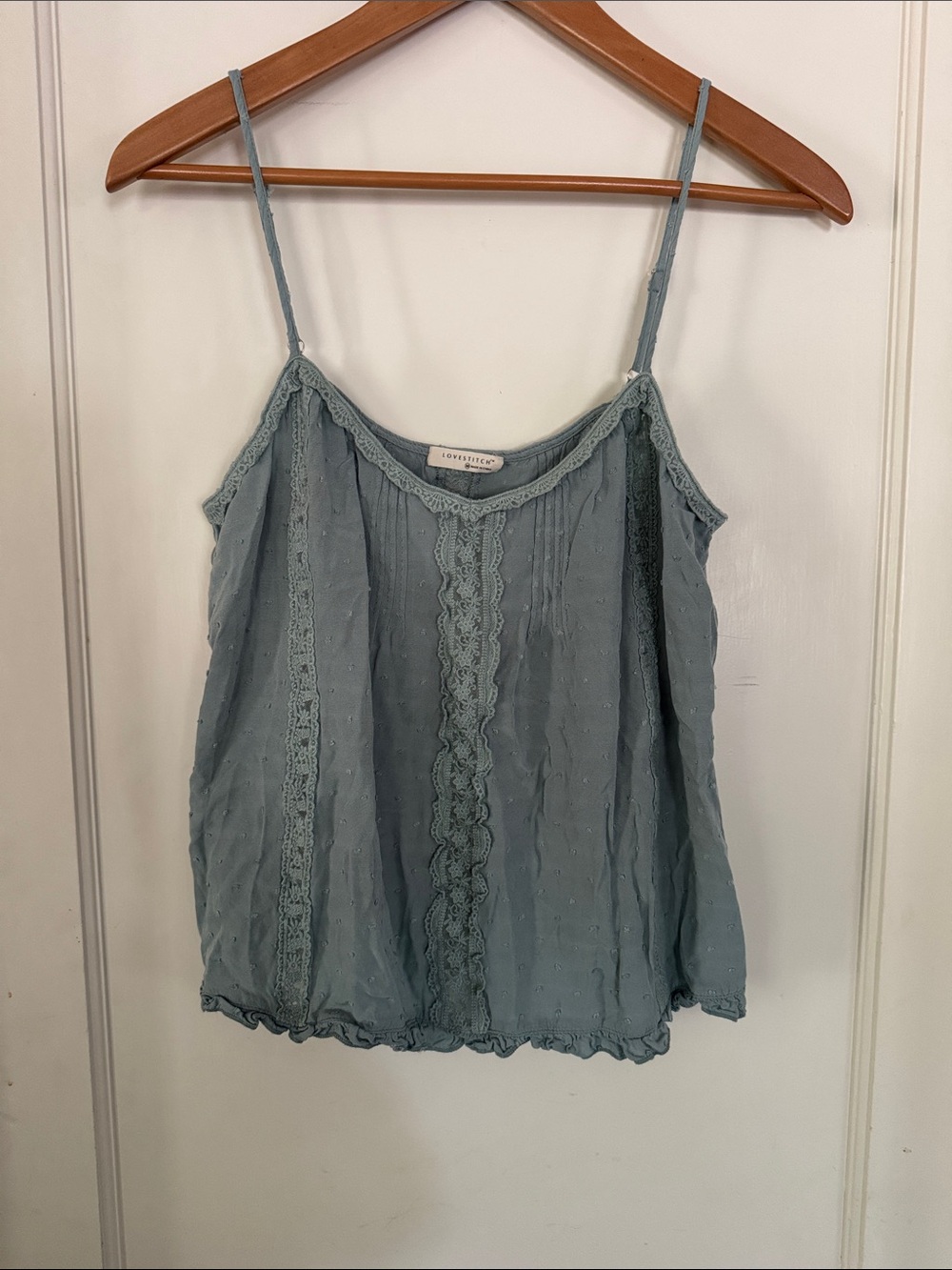 Love Stitch Dusty Blue Lace-Panel Spaghetti Strap Camisole